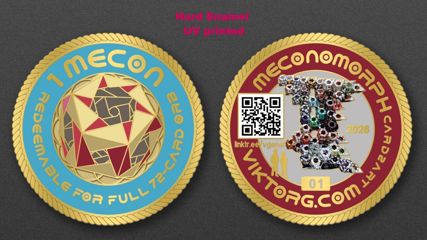 A limited edition gold and enamel MeconoMorph coin showing a Mecon orb on one side and a full installation scene with QR code and serial number on the other.